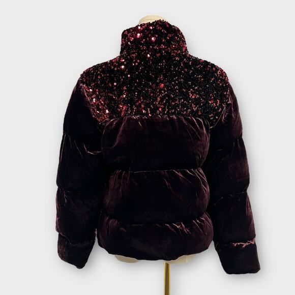 Maeve Vera Sequined Velvet Puffer Jacket Bordeaux Wine Size Small NEW - Picture 3 of 9